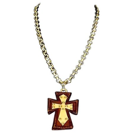 Vintage CHRISTIAN LACROIX Wood Resin Maltese Cross Necklace