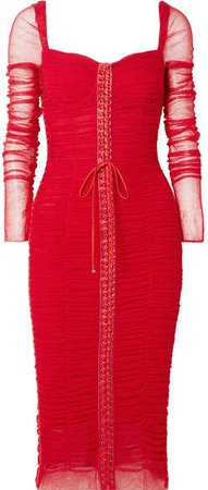 Lace-up Silk-trimmed Ruched Tulle Midi Dress - Red
