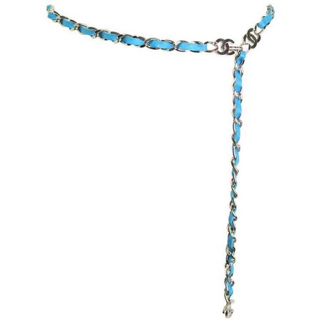 Chanel Lambskin Leather Cc Silver Chain Belt, Blue