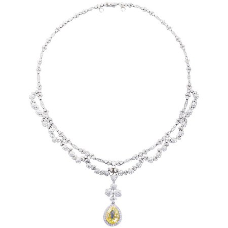 Antique 5.06 Carat Fancy Yellow Pear Shaped Diamond Drape Necklace For Sale at 1stdibs