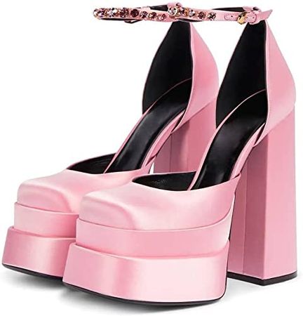 Amazon.com | Tscoyuki Rhinestone Square Toe Pump Shoes Women, Ankle Strap Platform Mary Janes Block High Heels Fashion Dress Party Shoes | Pumps