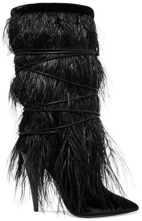 Yeti Feather-trimmed Velvet Boots - Black