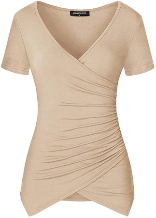 MIMIGOGO Women's Deep V Neck Short Sleeve Cross Wrap Pleated Slim Fit Shirts Tops Blouse (Short Sleeve Apricot, S) at Amazon Women’s Clothing store