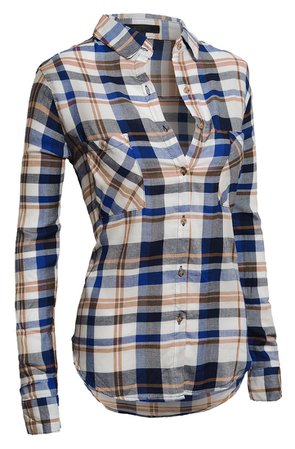 Fitted Women's Classic Collar Button Down Roll Up Tab Sleeves High Low Plaid Lightweight Flannel Shirt
