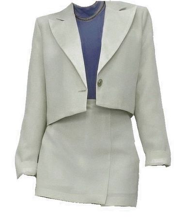 light pale green off white blazer skirt suit blue turtleneck top full outfit png
