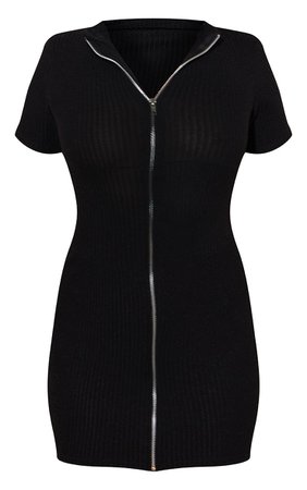 Black Brushed Rib Zip Through Binding Detail Bodycon Dress | PrettyLittleThing USA