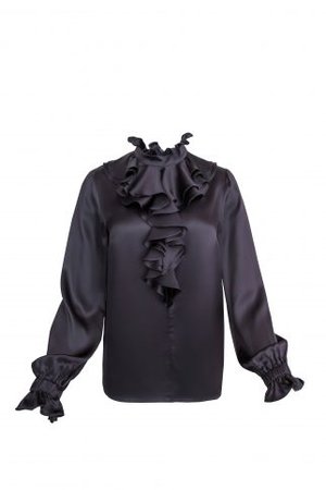 Black Satin Blouse With Ruffle Detail