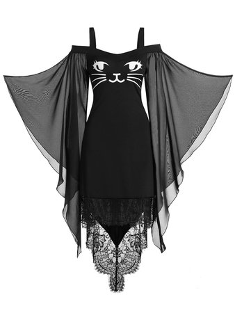[26% OFF] Open Shoulder Lace Up Cat Print Dress | Rosegal