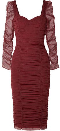 Ruched Stretch-tulle Dress - Burgundy