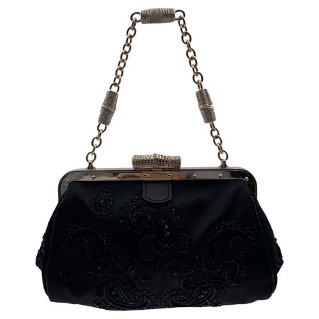 Gucci Black Satin Embellished Beaded Small Handbag Evening Bag For Sale at 1stDibs