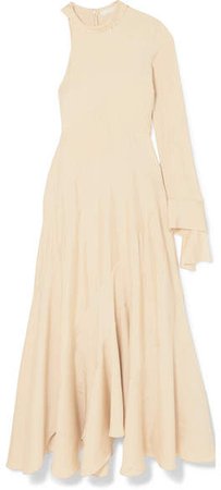 Frayed One-sleeve Satin Maxi Dress - Beige