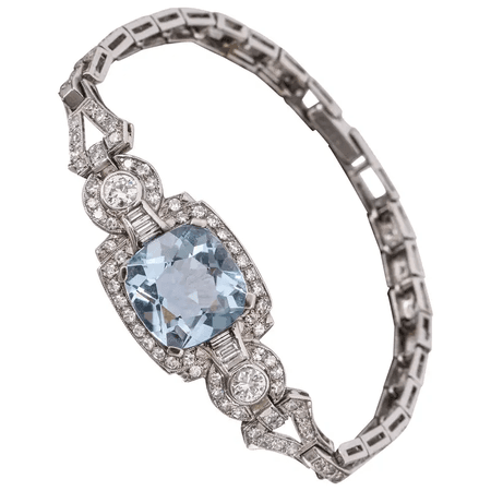 1920 Art Deco Aquamarine Diamond Platinum Filigree Link Bracelet