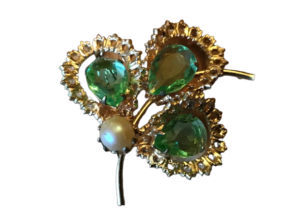 Three Leaf Clover, Emerald Green Rhinestones and Pearl, Vintage Prong-Set Brooch