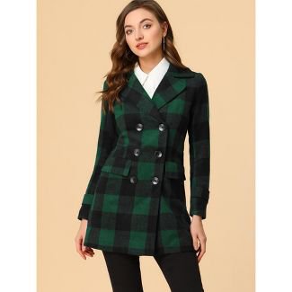 Allegra K Women's Checks Double Breasted Notched Lapel Winter Long Plaid Trench Coat