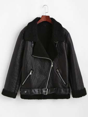 [37% OFF] 2020 Faux Leather Zippered Pockets Faux Shearling Coat In BLACK | ZAFUL