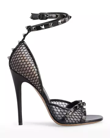 Valentino Garavani Rockstud Fishnet Ankle-Wrap Stiletto Sandals | Neiman Marcus