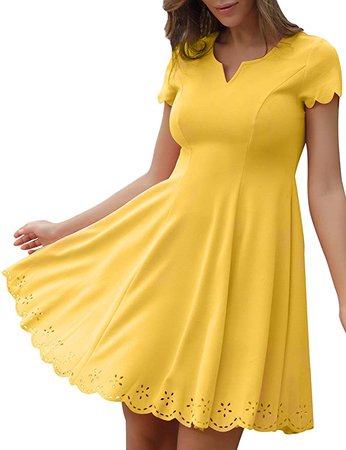 Aphratti Women's A Line Cute Cocktail Party Short Sleeve Scalloped Skater Dress Small Yellow at Amazon Women’s Clothing store
