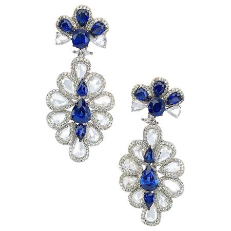 Sutra 18 Karat Gold Flower Drop Earrings with Rose Cut Diamonds and Sapphires For Sale at 1stDibs | sutra earrings