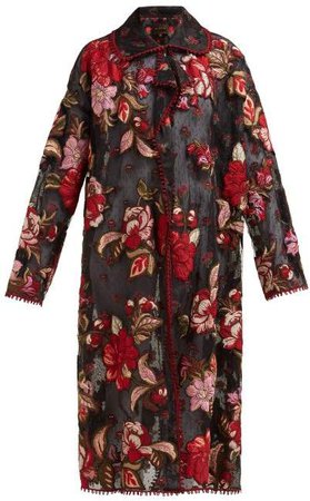 Rolette Reversible Floral Embroidered Tulle Coat - Womens - Black Red