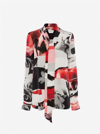 Women's PINK/IVORY/BLACK Torn Rose Silk Shirt | Alexander McQueen