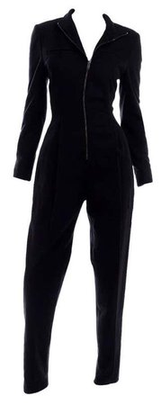 Vintage 1990s Claude Montana Black Asymmetrical Zip Front Jumpsuit