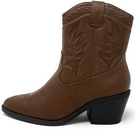 Amazon.com | Soda Picotee Women Western Cowboy Cowgirl Stitched Ankle Boots (DK TAN PU, Numeric_9) | Mid-Calf