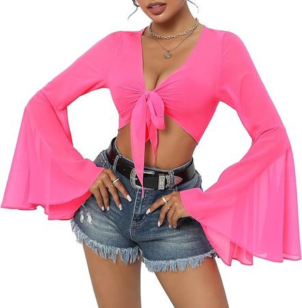 Bell Sleeve Mesh Tops for Women Rave Outfits Tie Front Crop Top Long Sleeve Shirt Sheer Blouse Festival at Amazon Women’s Clothing store