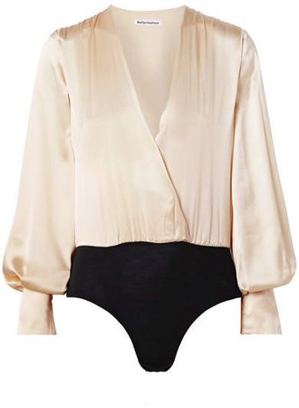 Beverly Wrap-effect Silk-satin And Stretch-tencel Bodysuit - Cream