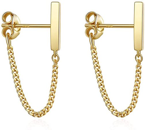 Amazon.com: S.Leaf Sterling Silver Stud Earrings Bar with Chain Dangle Earrings Gold Earrings for Women (gold): Clothing