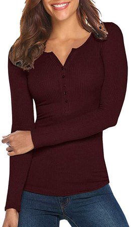 Tobrief Women's Ribbed Knit Tunic Tops Loose Long Sleeve Button Up V Neck Henley Shirts Wine Red,S at Amazon Women’s Clothing store