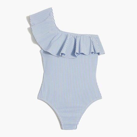 Seersucker ruffle one-shoulder one-piece swimsuit