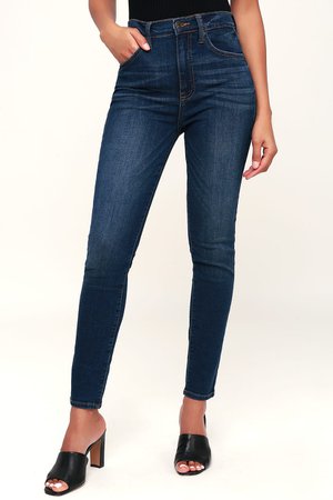 Chic Dark Wash Skinny Jeans - High-Waisted Skinny Jeans - Jeans