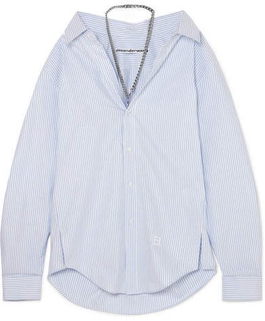 Chain-embellished Striped Cotton-poplin Shirt - Light blue