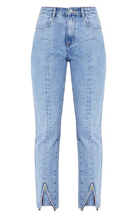 Light Blue Wash Front Seam Split Hem Straight Leg Jeans | PrettyLittleThing