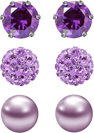 Amazon.com: JewelrieShop Purple Studs Earrings for Women CZ Rhinestones Crystal Ball Fake Pearl Stainless Steel Party Stud Febrary Birthstone Earring Set for Girl (3 pairs,6mm Round,Feb): Clothing, Shoes & Jewelry
