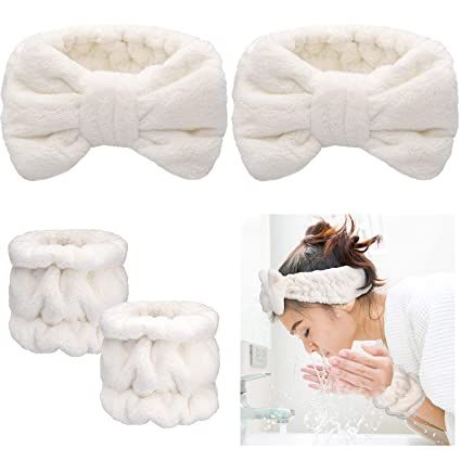 4 Pieces Spa Headband Wrist Washband Scrunchies Cuffs for Washing Face, Towel Wristbands Hair Headband Face Wash Wristband for Women Girls Makeup Prevent Liquids from Spilling Down Your Arms (White) : Beauty & Personal Care
