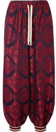 Floral-jacquard And Printed Silk-twill Pants - Red
