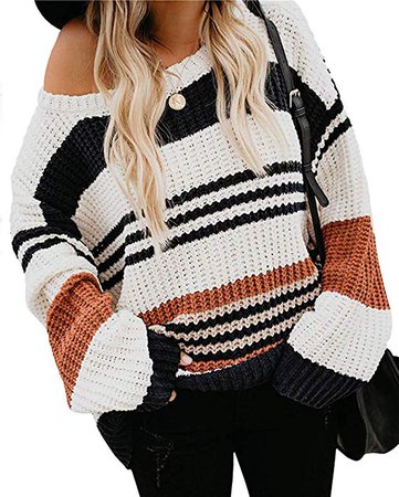 ZESICA Women's Long Sleeve Crew Neck Striped Color Block Casual Loose Knitted Pullover Sweater Tops at Amazon Women’s Clothing store