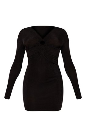 Black Slinky Ring Detail Long Sleeve Bodycon Dress | PrettyLittleThing USA