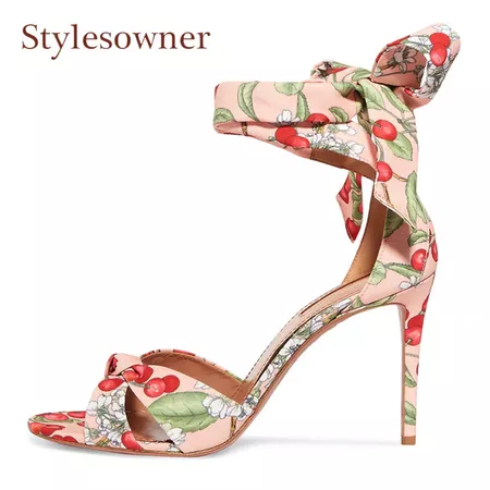 Stylesowner fashion cherry print fabric bandage gladiator sandals women open toe stiletto heels runway shoes ankle strap sandals-in High Heels from Shoes on Aliexpress.com | Alibaba Group