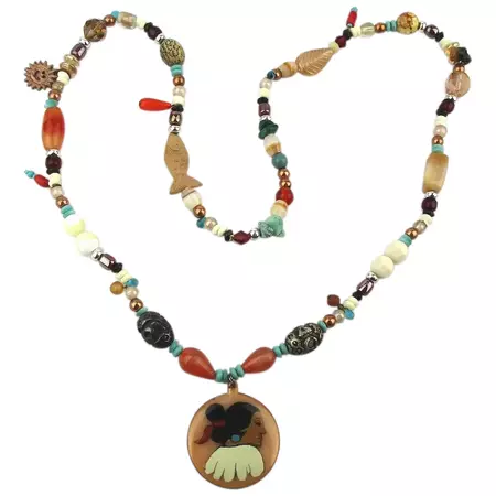 Eclectic Multi Bead Necklace w/ Native American Woman Enamel Pendant - Ruby Lane