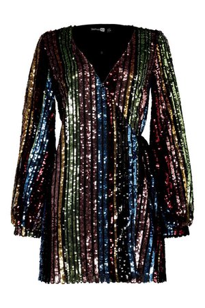 Rainbow Sequin Blouson Sleeve Wrap Dress | Boohoo