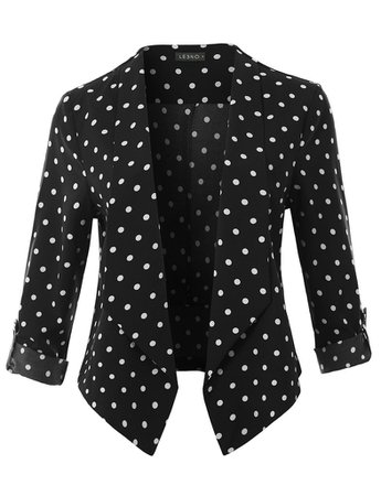 LE3NO Womens Polka Dot Print Open Front 3/4 Sleeve Blazer With Adjustable Sleeves | LE3NO black