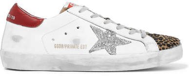 Superstar Glittered Distressed Leather And Leopard-print Calf-hair Sneakers - White
