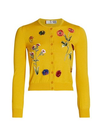 Oscar de la Renta Floral-Embroidered Merino Knit Cardigan | SaksFifthAvenue