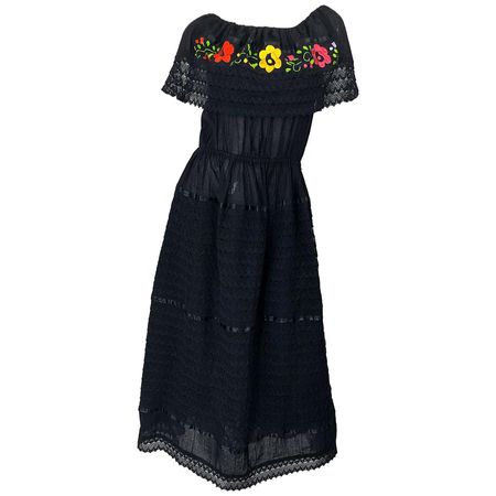 1970s Black Embroidered Crochet Flowers Vintage 70s Mexican Maxi Dress For Sale at 1stDibs | 1970s mexican fashion, mexican 70s fashion, 70s mexican fashion