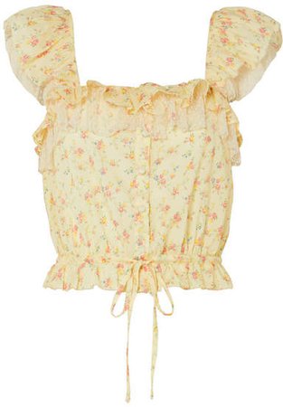 Mia Swiss Dot Tulle-trimmed Floral-print Cotton Top - Pastel yellow