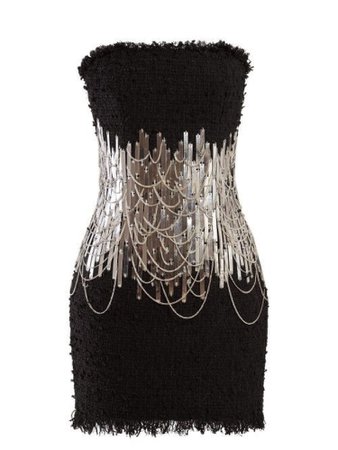 black and silver chain strapless mini dress