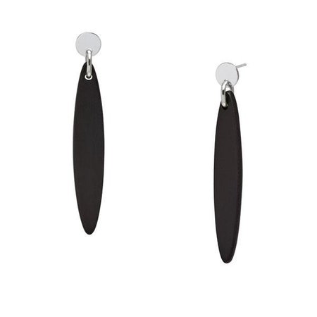 Long Flat Oval Drop Earrings - Black Wood and Silver