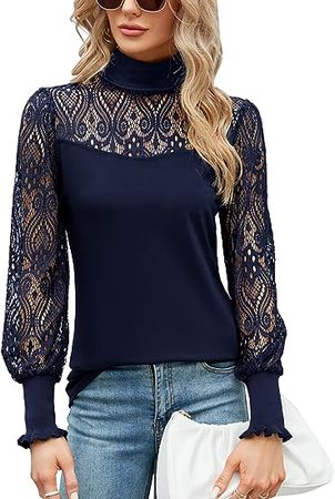 ZHENWEI Women Casual Lace Top Long Sleeve Turtleneck Stretch Slim T Shirt Crochet Lace Blouse Tunic Tops at Amazon Women’s Clothing store